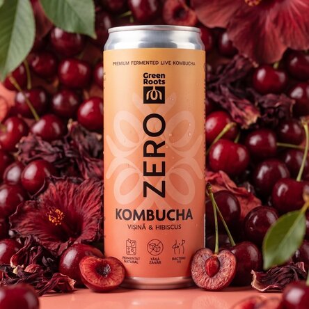 Kombucha ZERO cu vișină și hibiscus, 330mL